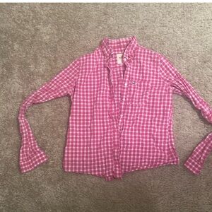 Hollister, large plaid pink and white long sleeve button shirt